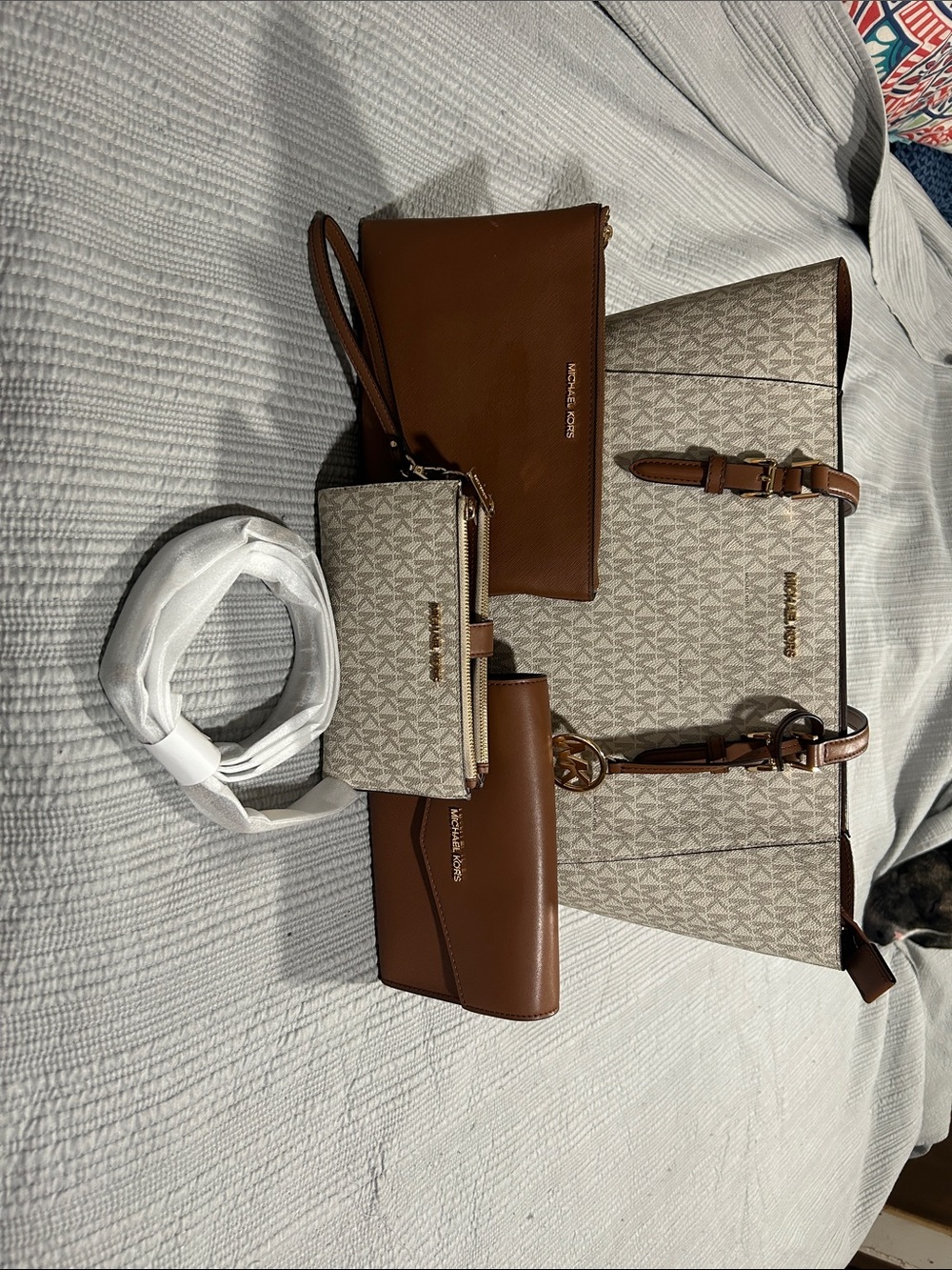 Michael Kors Beige Logo and Brown Leather Tote Set